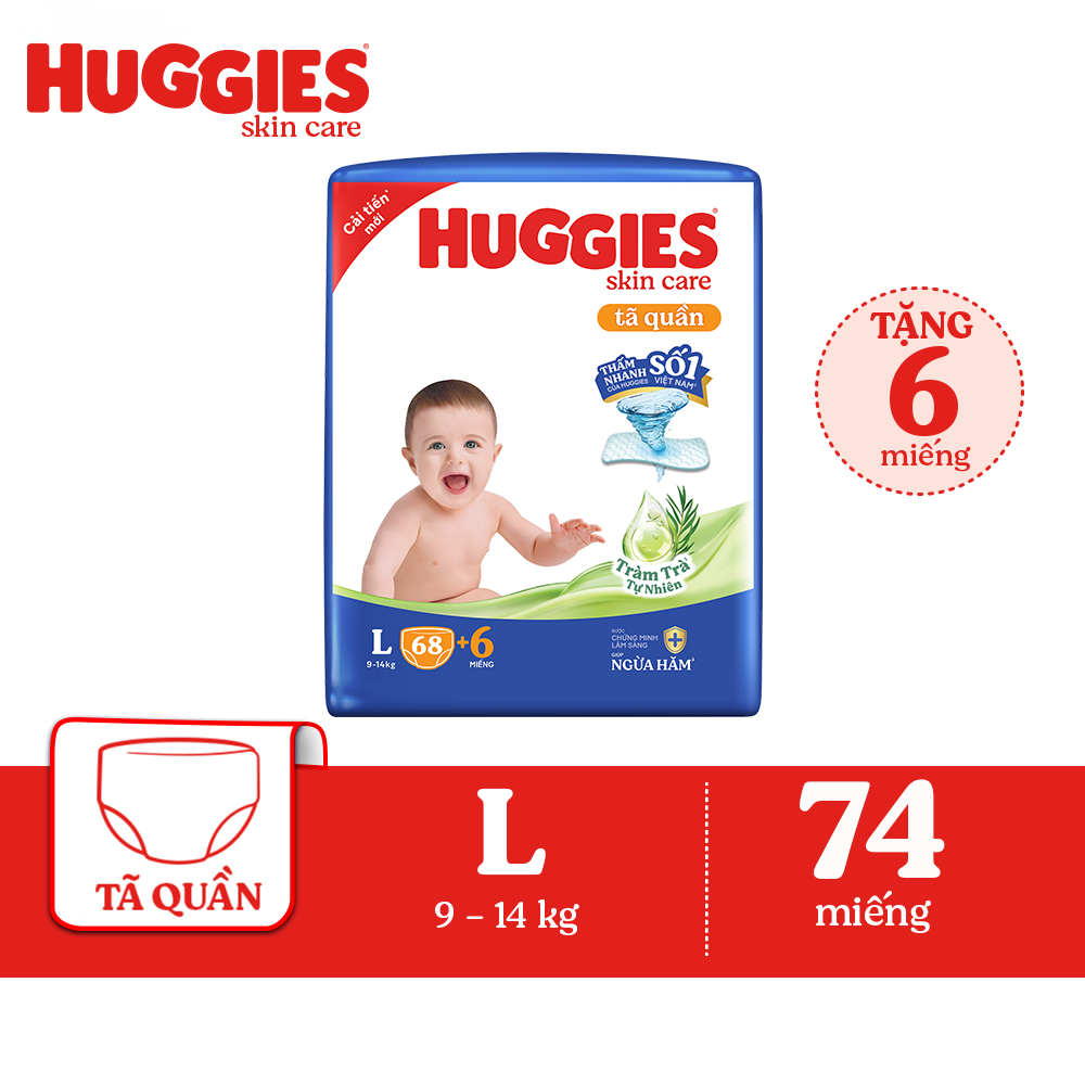 Tã quần Huggies Skin Care Super Jumbo L68+6 miếng với tràm trà dịu da