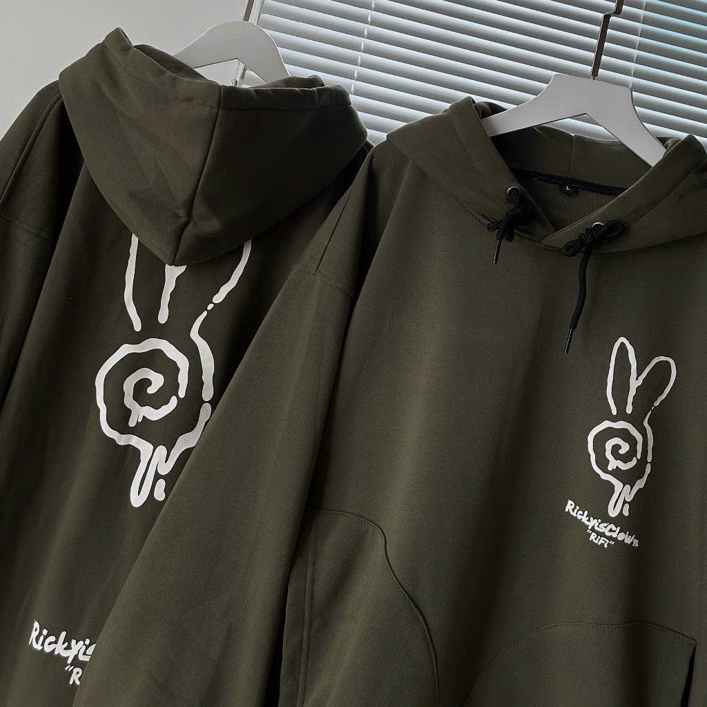 Áo Hoodie Thỏ RIFI Phối Túi Form Rộng Màu Rêu Unisex, Áo Khoác Hoodie Oversize Ulzzang Dáng Rộng chống nắng nón to