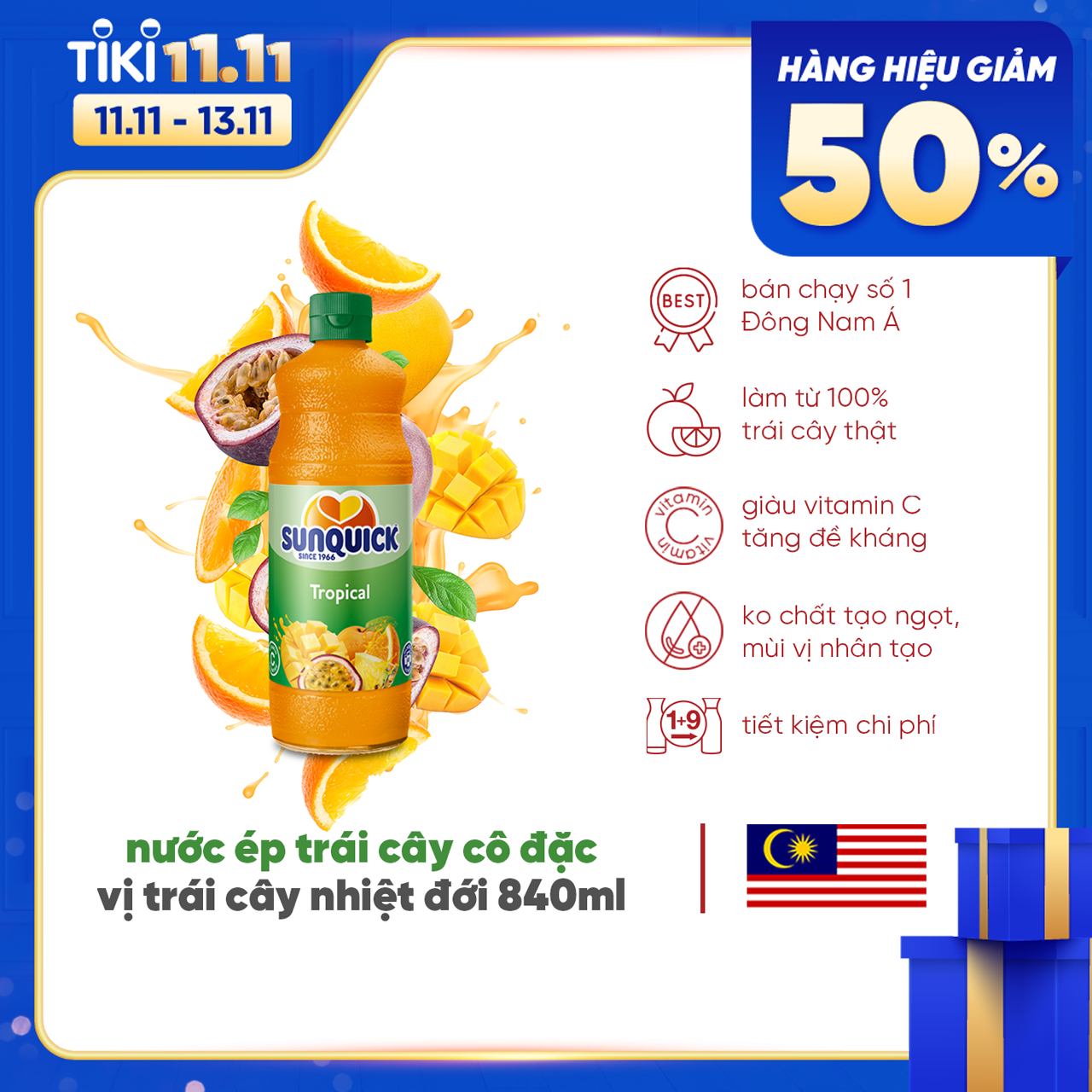 Nước ép hỗn hợp trái cây nhiệt đới Sunquick Tropical Juice 840ml