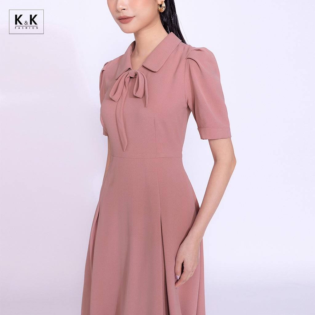 Đầm Xòe Công Sở Màu Hồng Cổ Sen K&amp;K Fashion KK140-02 Chất Liệu Tuyết Sa Cát