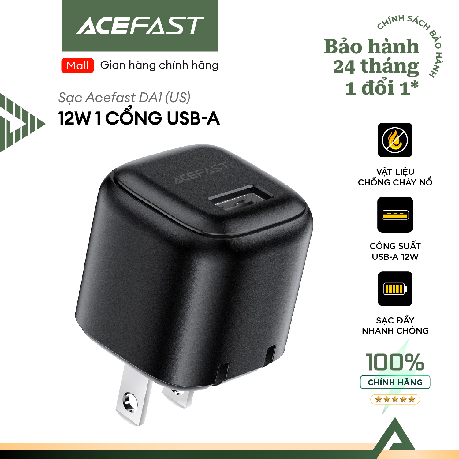 Sạc Acefast 12W 1 cổng USB-A (US) - DA1 Hàng chính hãng Acefast