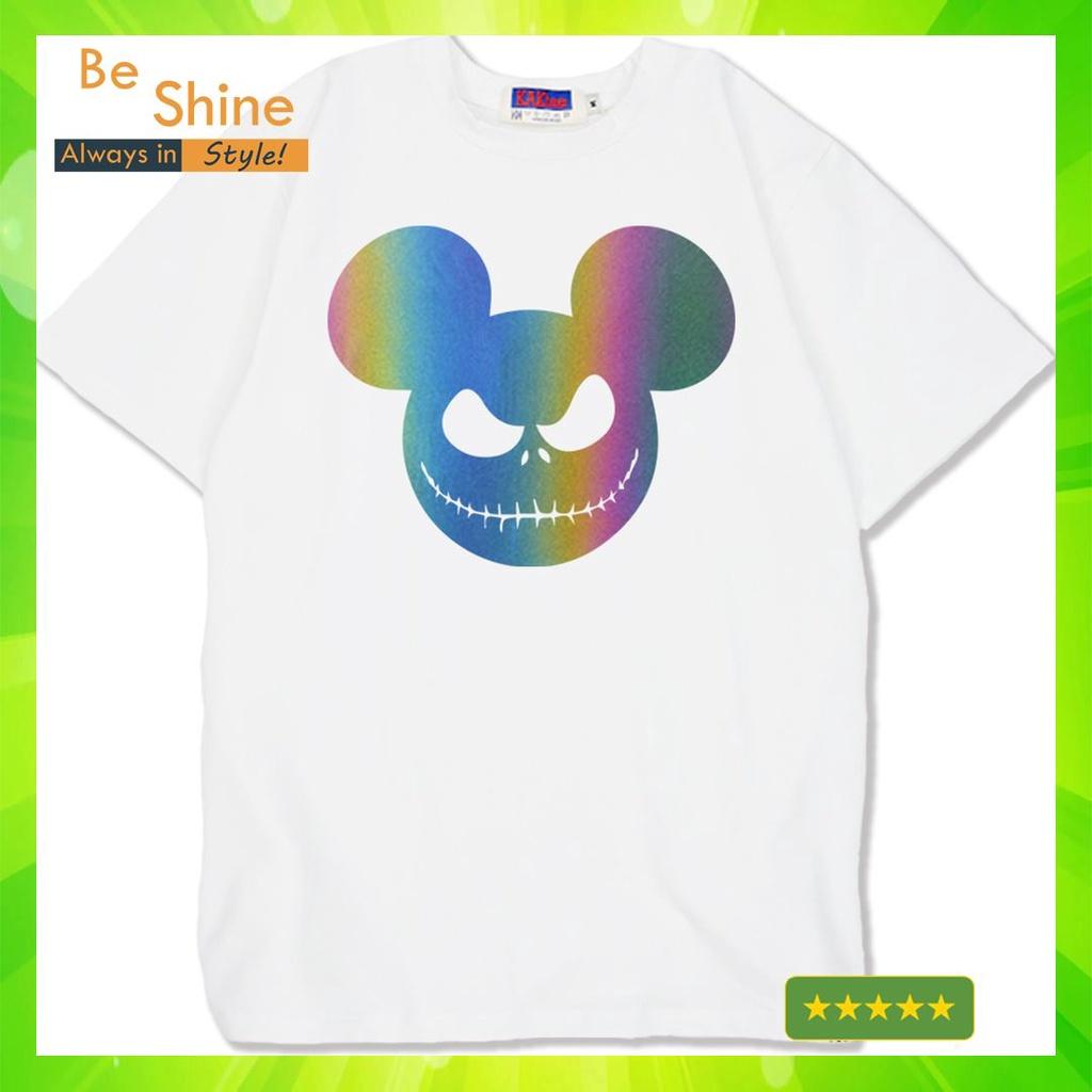 Áo Thun Unisex Form Rộng Hình Chuột Mickey Ma Quái Phản Quang Bảy Màu, Áo Phông Basic Cotton Cổ Tròn Tay Ngắn Thời Trang