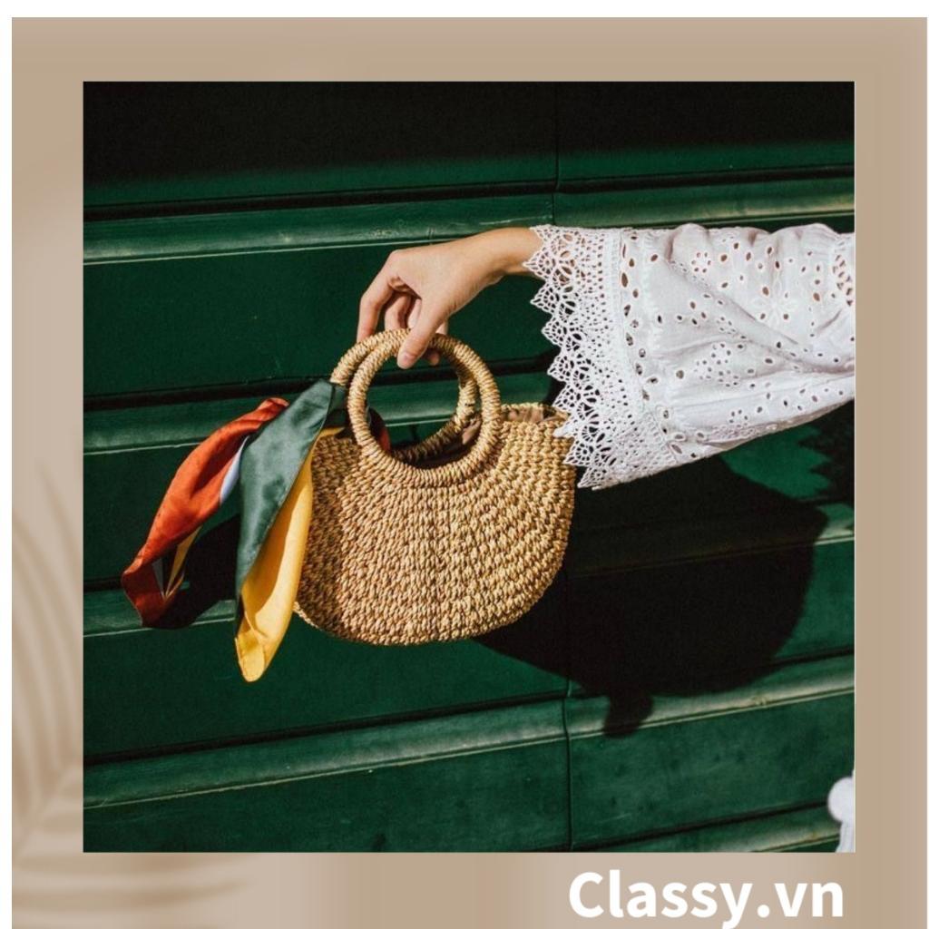 Túi cói Classy hình bán nguyệt kiểu dáng Vintage, có lớp lót trong rộng rãi phù hợp đi biển T324 (Không khăn)