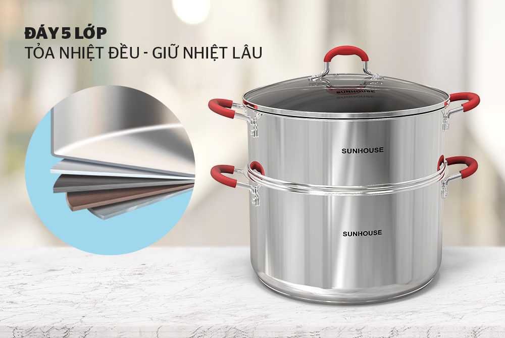 Bộ Nồi Luộc Gà Kèm Xửng Hấp Inox 5 Đáy Sunhouse SHG507-28 Size 28cm Đáy Từ Dùng Mọi Bếp - Hàng Chính Hãng