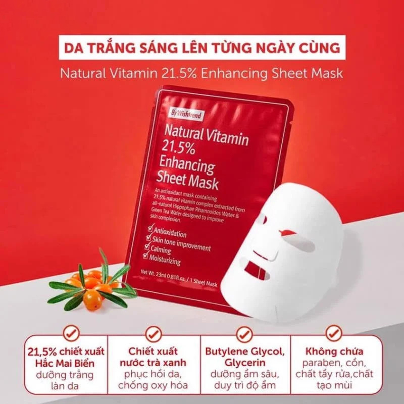 Combo 10 Mặt nạ giấy trắng da mờ thâm By Wishtrend Natural Vitamin C 21.5 Enhancing Sheet Mask 23ml x10