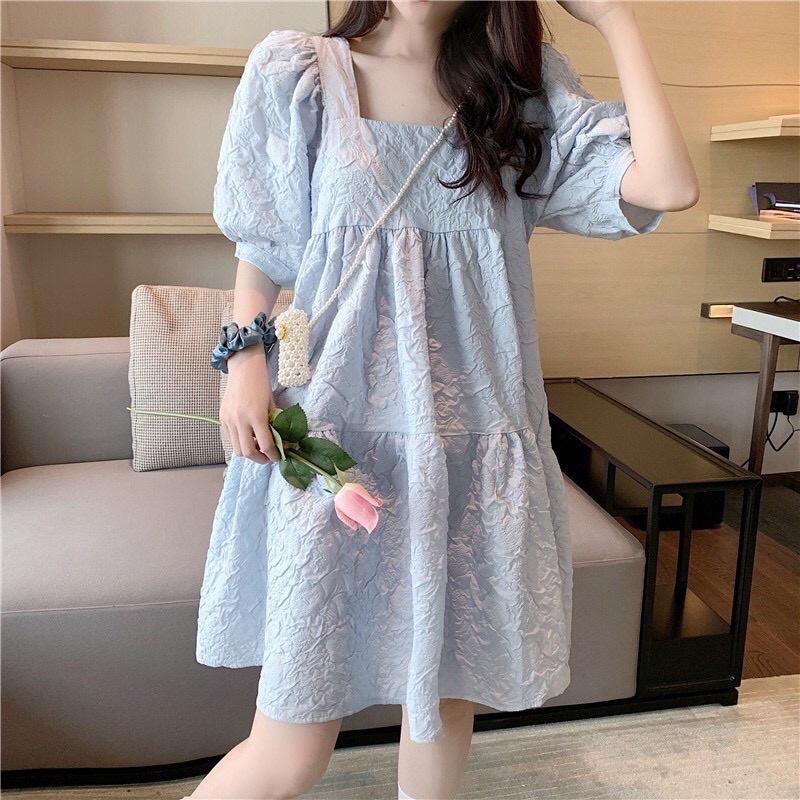 Đầm váy nữ trắng xòe gấm babydoll tay phồng TKN