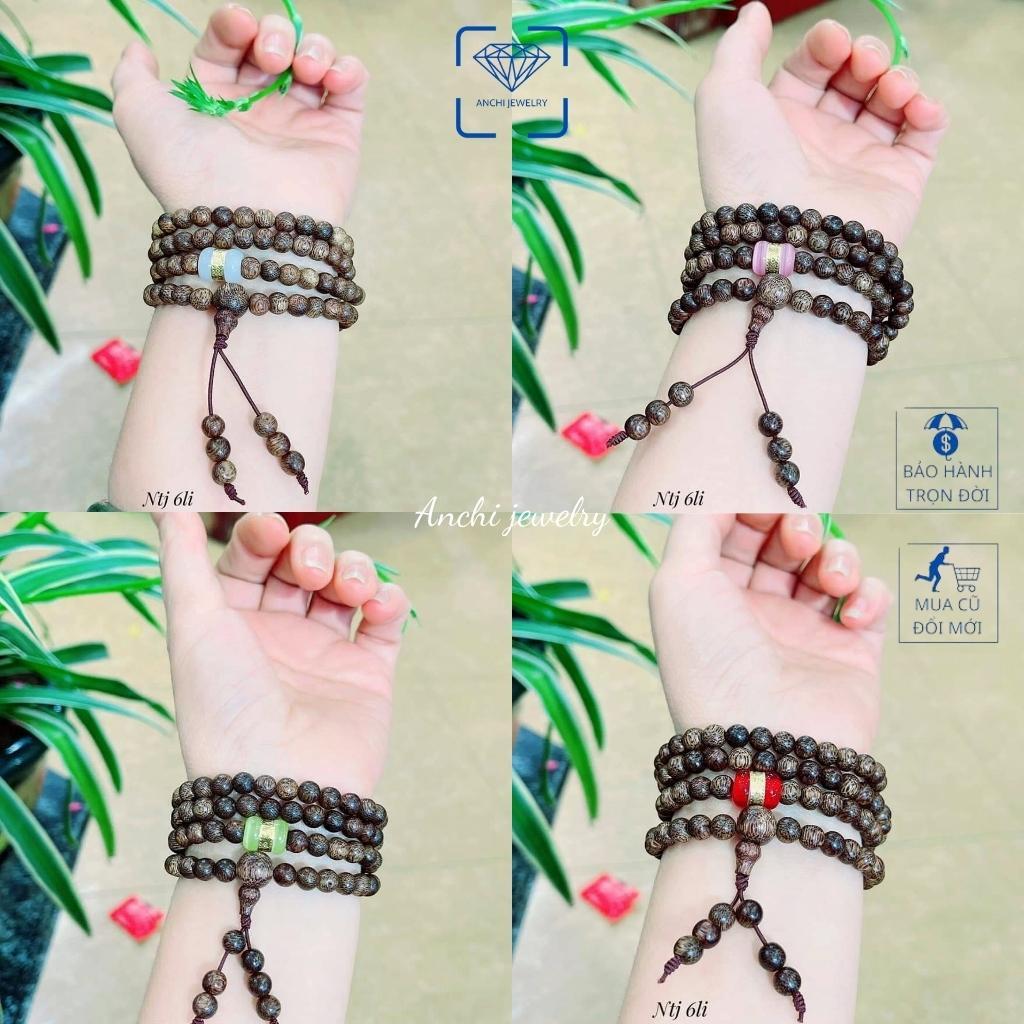 Vòng tay trầm hương nữ 108 hạt 6li mix lu thống dát vàng phong thủy, Anchi jewelry