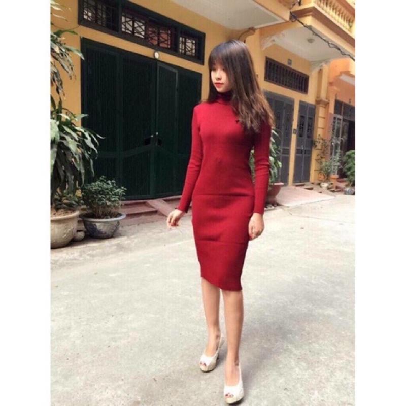 Váy đầm len body cổ lọ không xẻ dài 100cm