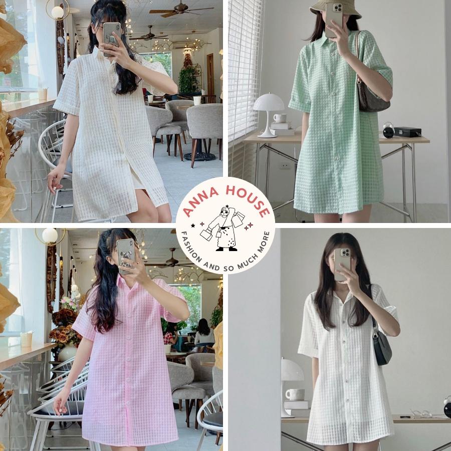 Đầm sơ mi dáng dài họa tiết kẻ KK10930  Thời trang công sở KK Fashion