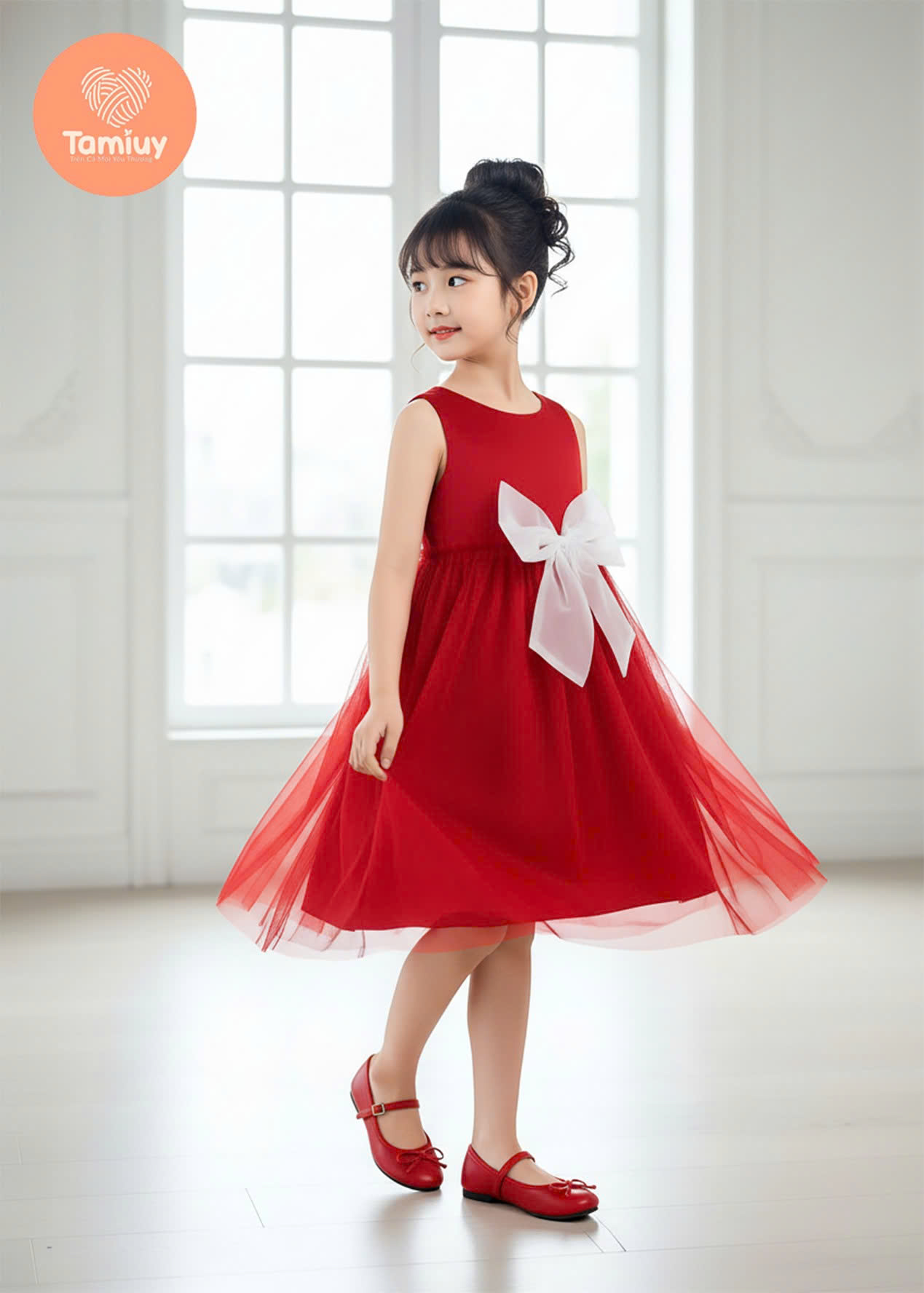 Đầm Bé Gái Công Chúa Đỏ Phối Nơ Lớn TAMIUY – Váy Bé Gái Lưới Xòe Dự Tiệc, Sinh Nhật Size 2-12