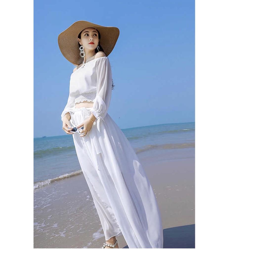 Đầm maxi  trắng tay dài nhấn chun cách điêu