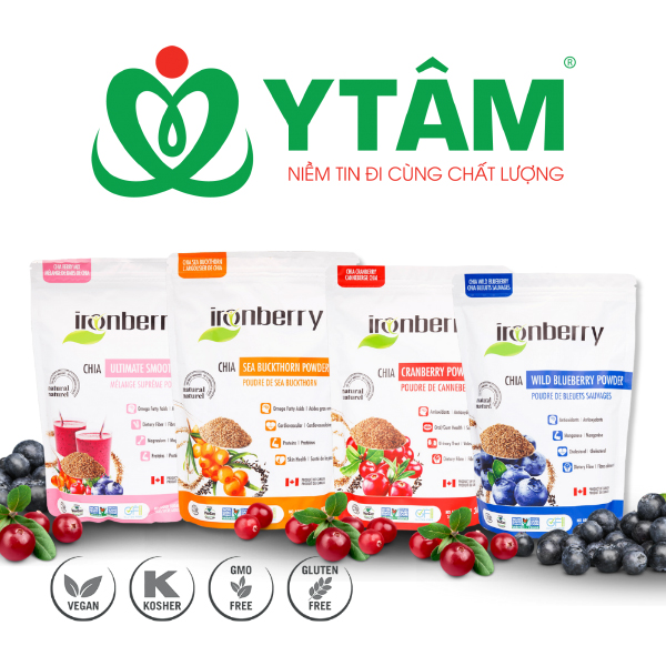 Bột việt quất &amp; hạt chia nguyên chất IRONBERRY thực phẩm thuần chay Không GMO, Không Gluten, Thuần chay, Ăn kiêng Kosher