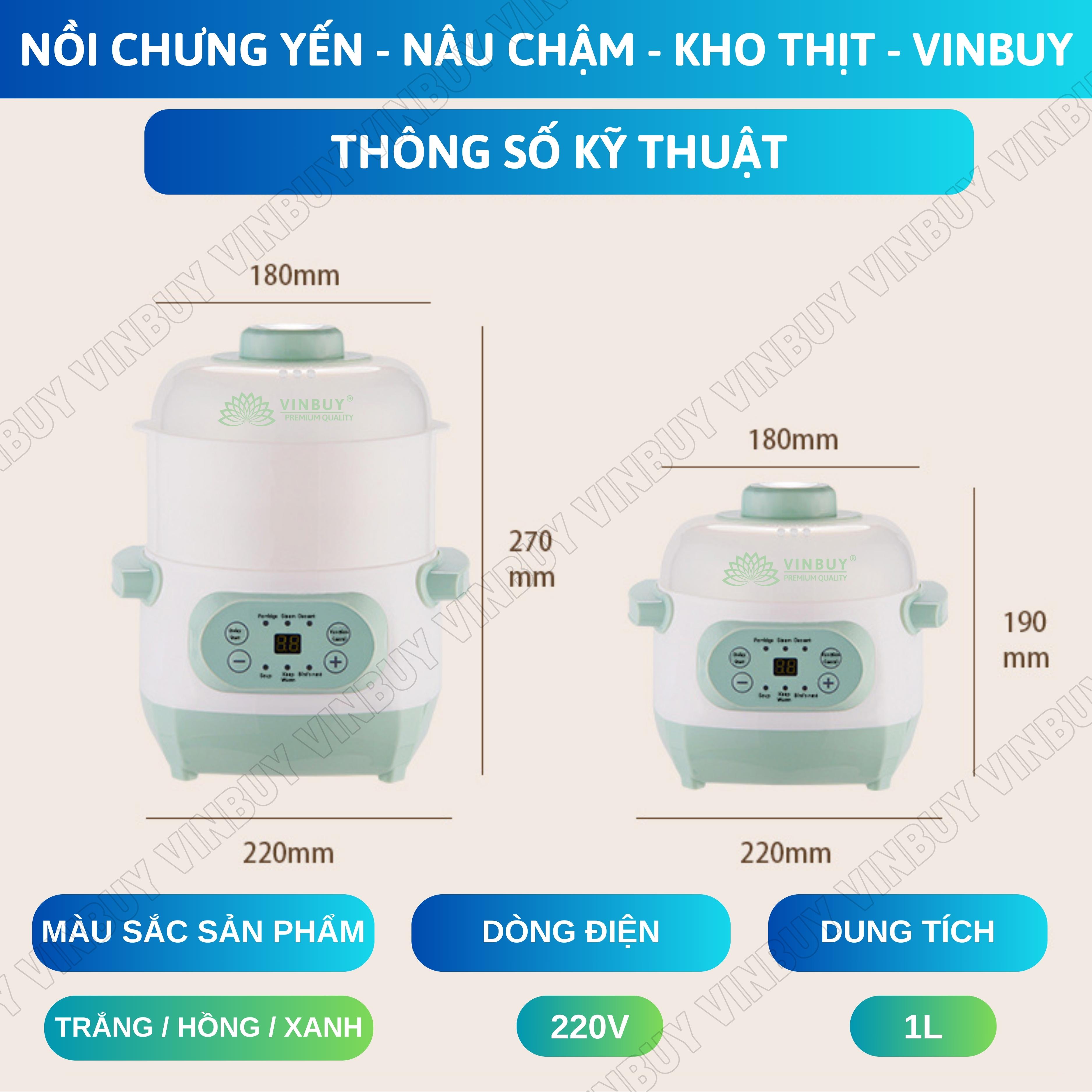 Nồi chưng yến, nồi nấu chậm, nồi tiềm thuốc bắc, nồi nấu cháo cho bé giữ trọn chất dinh dưỡng, dung tích 1 lít, công suất 200W - Hàng chính hãng VINBUY