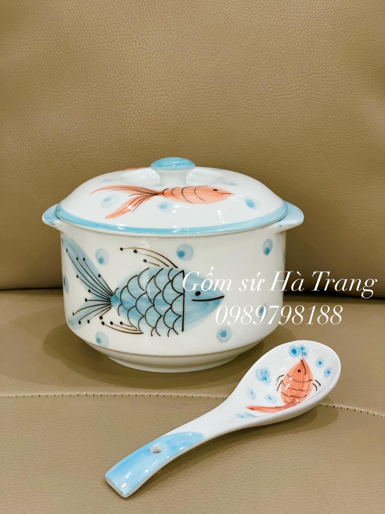 Thố chưng yến dung tích 600ml gốm sứ Bát Tràng cao cấp vẽ hoạ tiết cá kèm thìa
