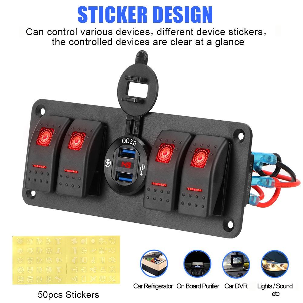 Bảng điều khiển công tắc đèn LED 4 cổng USB 12~24V chống nước trang trí nội thất xe hơi
