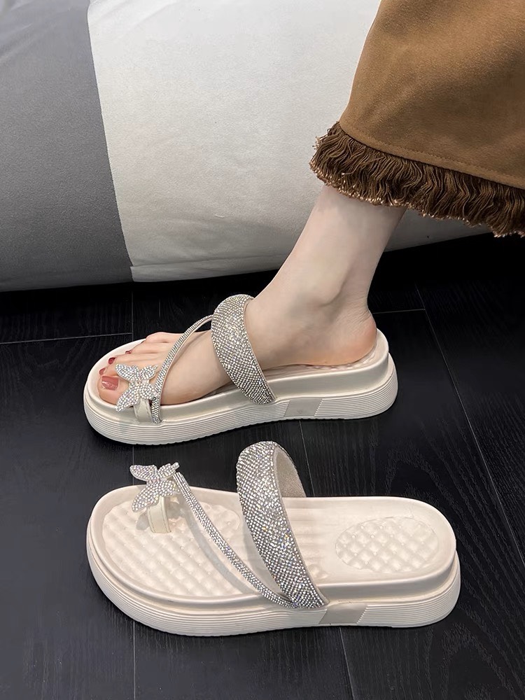 Sandal nữ xỏ ngón dây đính đá gắn nơ Bướm cao 5cm D128