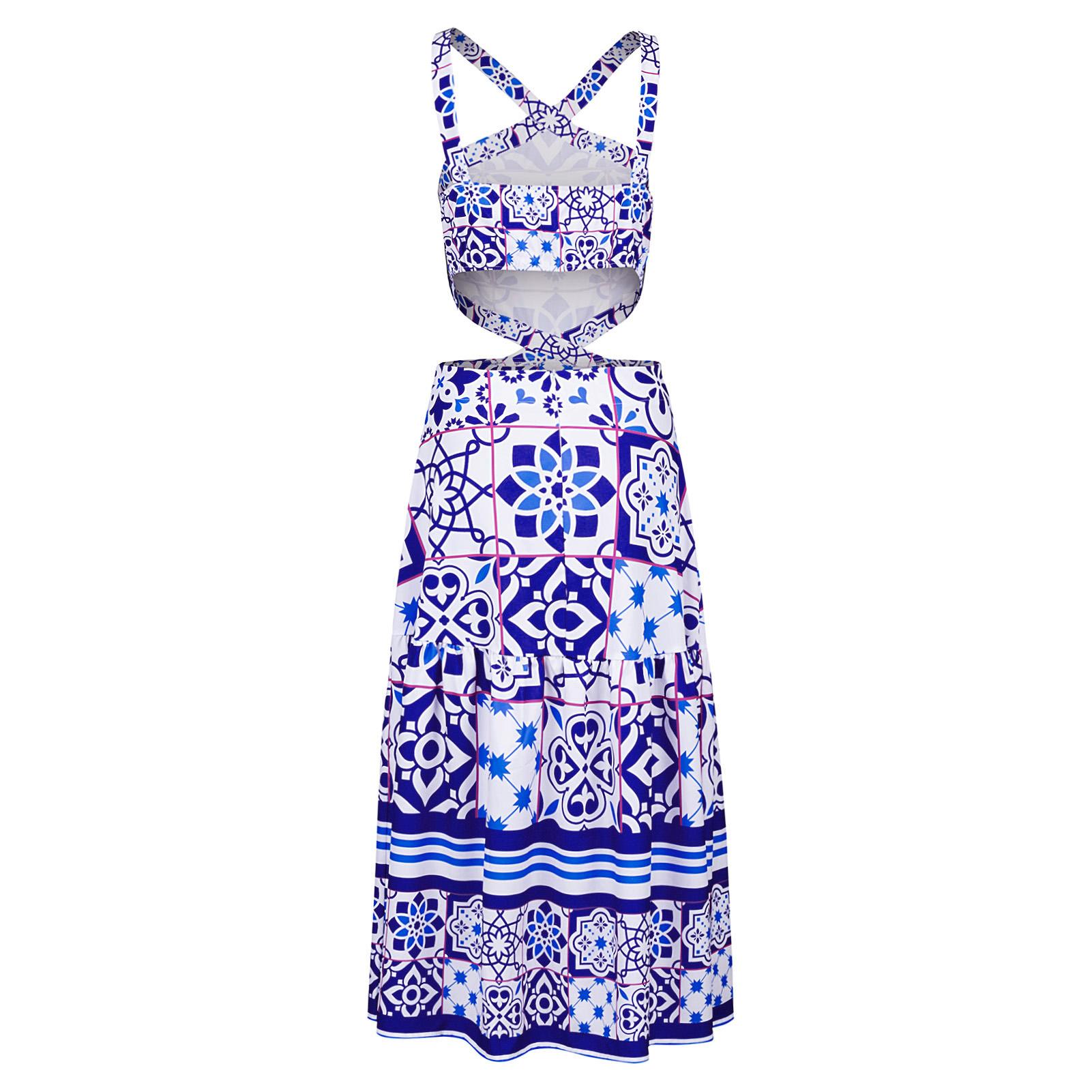 Women Halter Neck Dress Backless Vintage Print Sleeveless Long Dress Beach Holiday