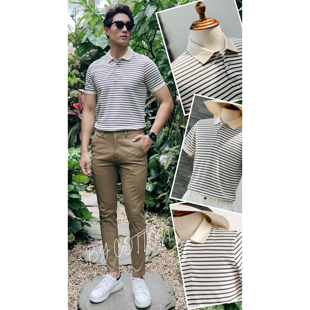 Áo Thun Polo Nam Cổ Bẻ Kem Phối Sọc Nhỏ Xanh Dương BY COTTON Navy Cream Mini Stripes Polo