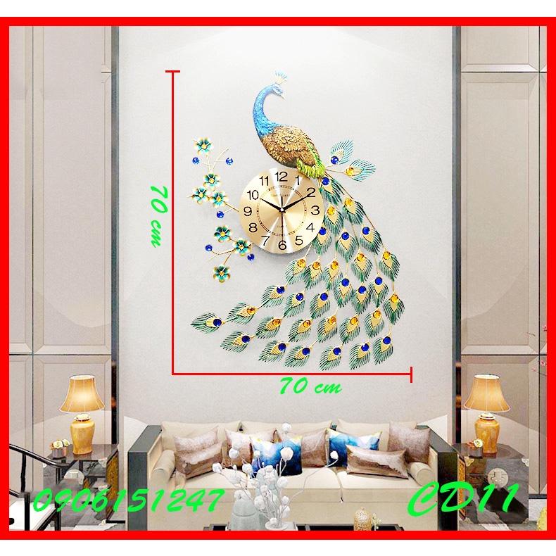 Đồng hồ treo tường trang trí decor chim công CD11 Khổng Tước xanh kích thước 70 x 60 cm