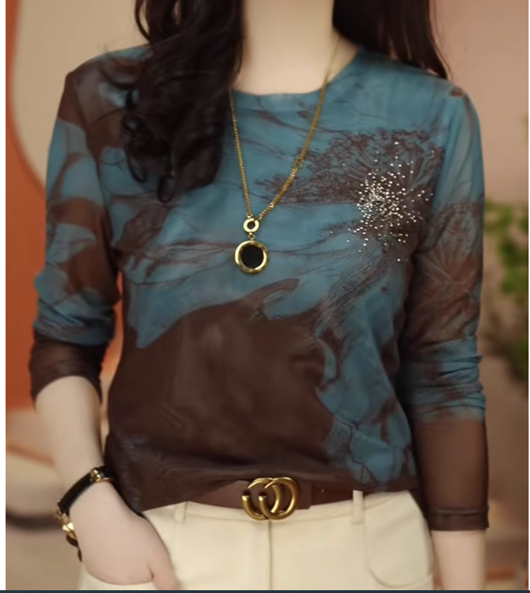 Áo Thun Lưới In Hình Dài Tay Cổ Tròn Dành Cho Nữ SM105 - Hàng Quảng Châu Cao Cấp