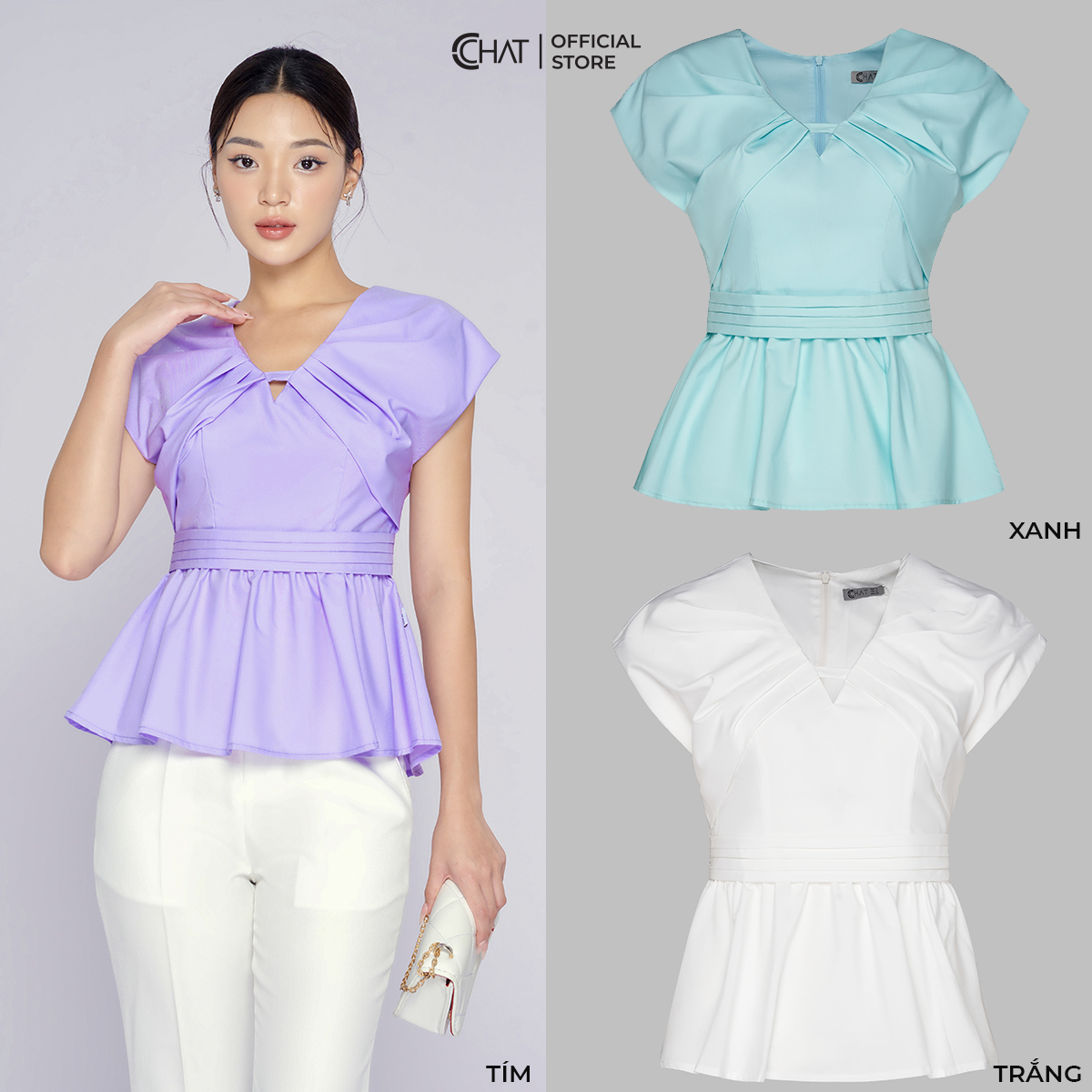 Áo Kiểu Nữ  Chờm Vai Cổ V Dáng Peplum Chất Voan Cao Cấp 13ANV2011PT