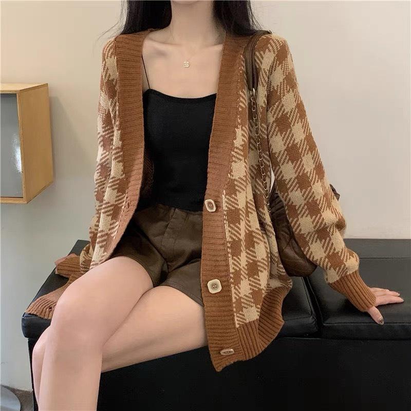 Áo cardigan khoác len nữ tay dài kẻ caro vintage nâu đen form dài rộng chất dày dặn kiểu Hàn Quốc hàng Quảng Châu C-7