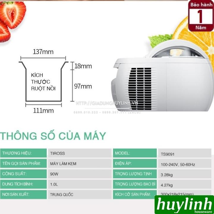 Máy làm kem gia đình trực tiếp Tiross TS9091 - Dung tích 1 lít - Hàng chính hãng