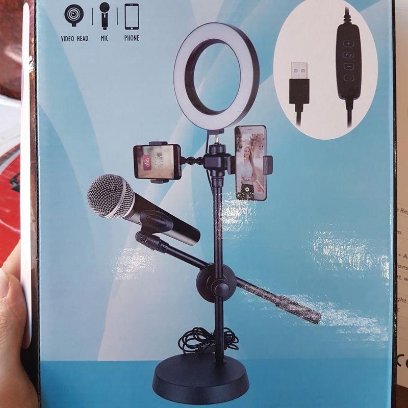 Đèn Live Stream 4in1 Để Bàn Có Chân Đỡ Micro LivesTream Hai Điện Thoại - Bộ Giá Đỡ Điện Thoại Livestream 4in1