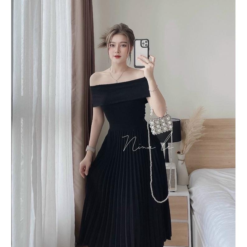 FREESHIP Set Bộ Đồ Nữ Áo Thun Gân Trễ Vai Kèm Chân Váy Sếp Ly Tiểu Thư Khoe Eo Tôn Dáng body KIM GIA DS