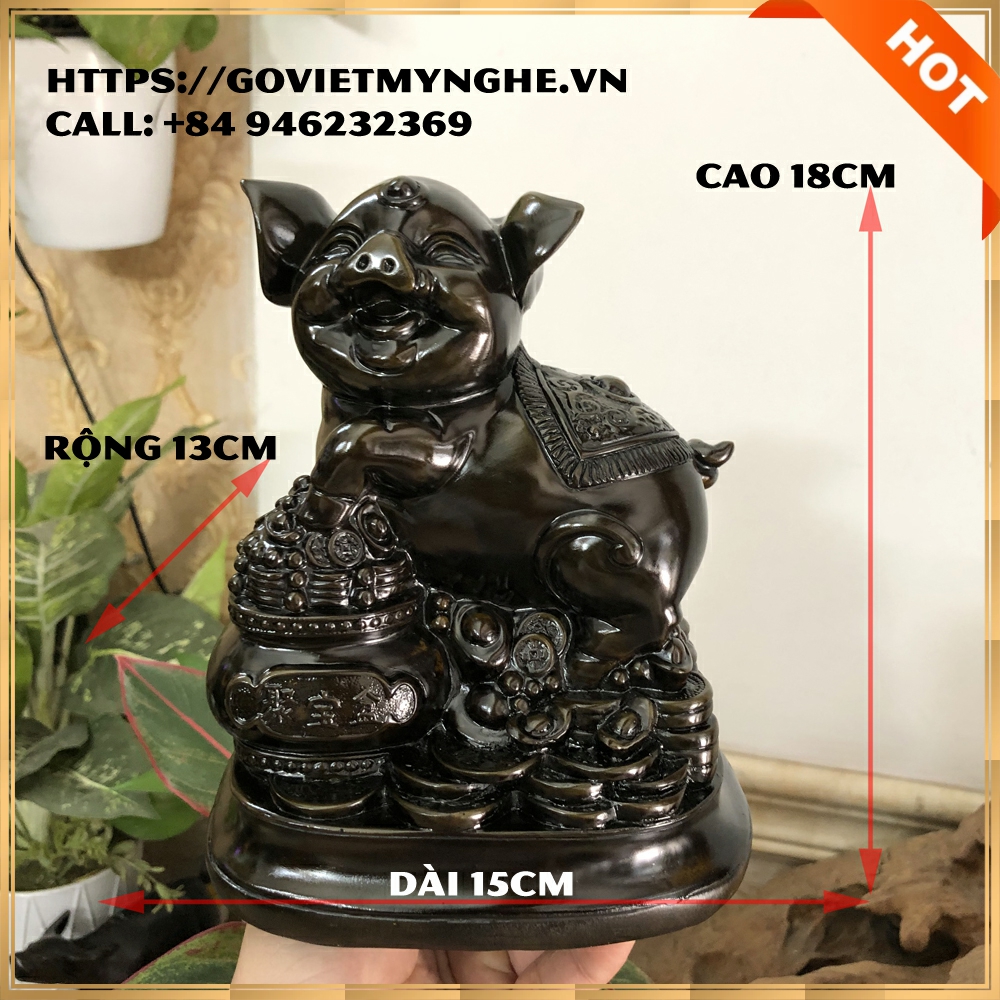 Tượng đá con Heo tượng đá trang trí phong thủy bàn làm việc cho tuổi Hợi - Chiều cao 18cm - Nâu đen