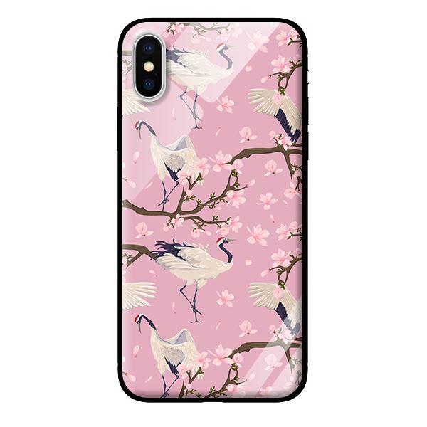 Ốp kính cường lực cho iPhone X Hạc Nền Hồng - Hàng chính hãng