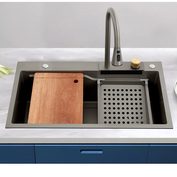 Bồn chậu rửa chén bát 1 hố lớn nano xám Valenza kèm vòi liền thác nước + vòi rút dây 3 chế độ, 2 khay phụ inox, thớt gỗ, bộ xả to-Hàng chính hãng