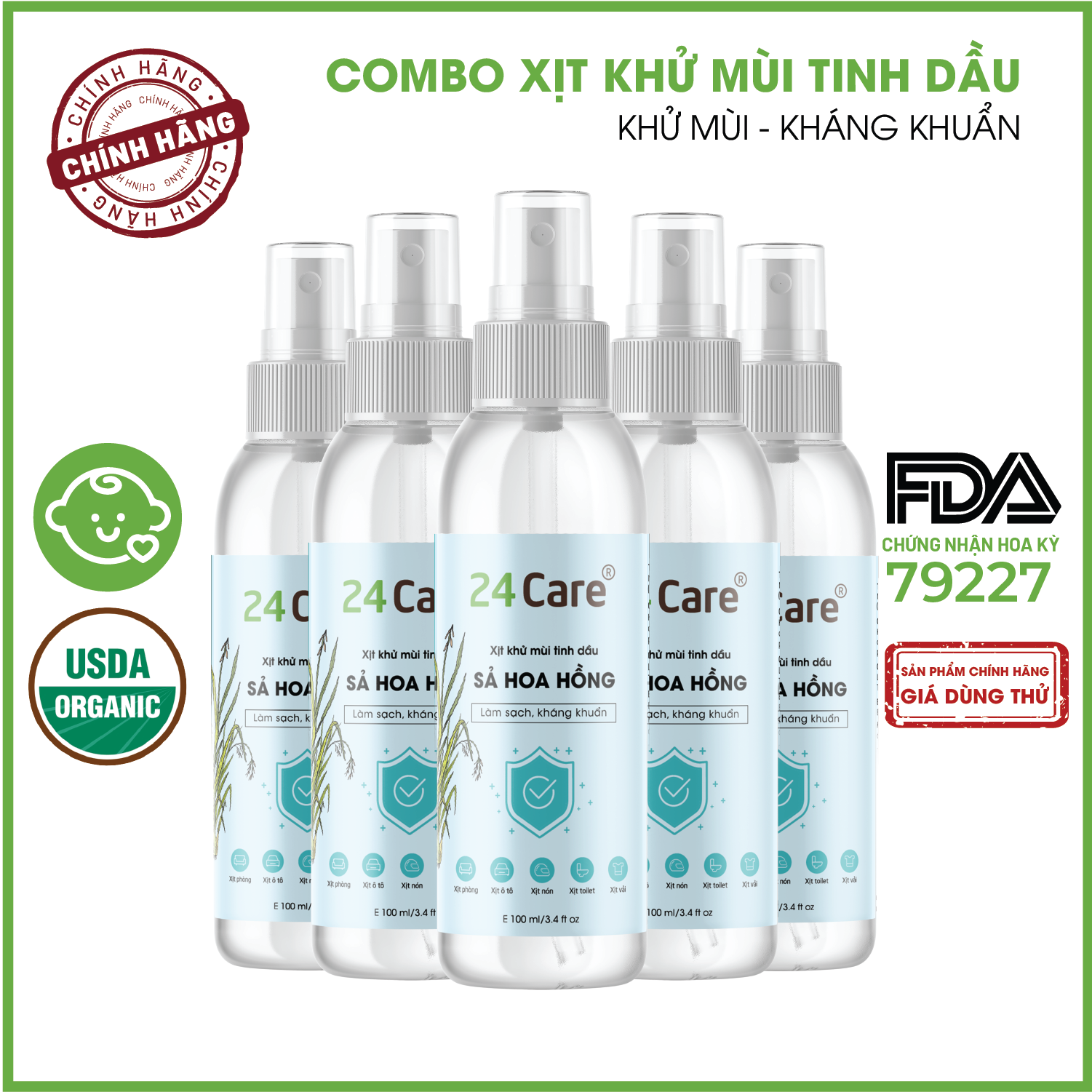 Combo 5 Tinh dầu Xịt phòng Sả Hoa Hồng Hữu Cơ Organic 24Care 100ML/Chai