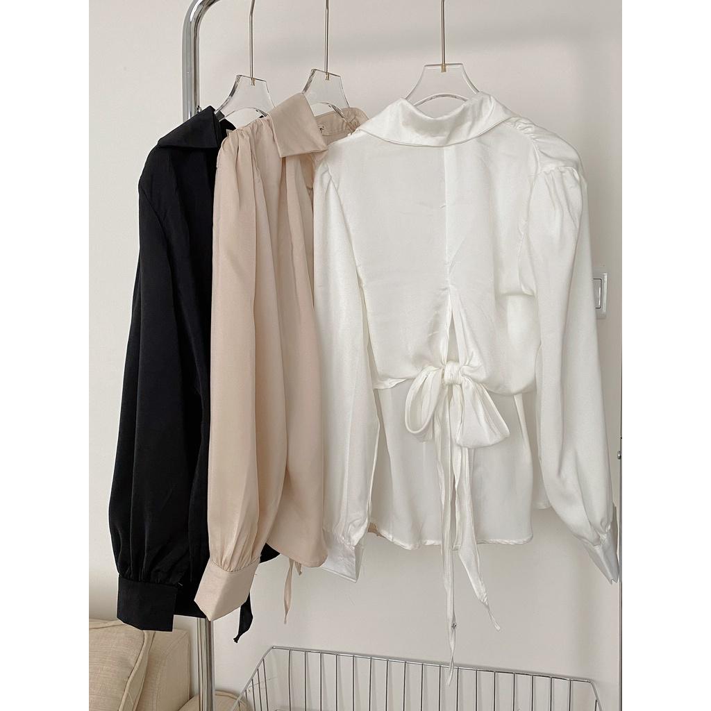 Áo sơ mi cúc bọc thắt nơ lưng cực xinh, áo kiểu