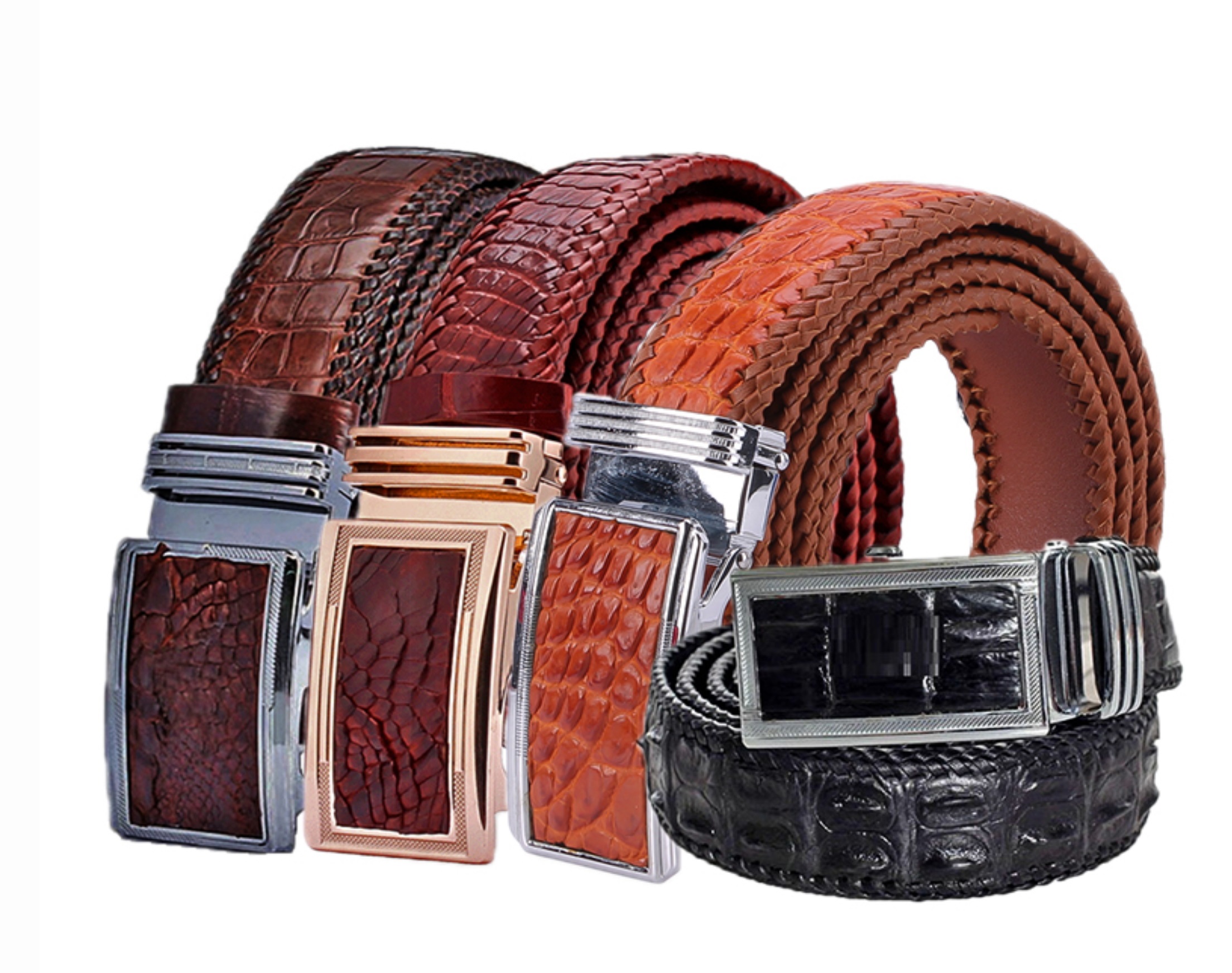 HJ4216-17-18-41 - Thắt lưng nam da cá sấu đan viền đen, nâu đất, vàng, nâu đỏ