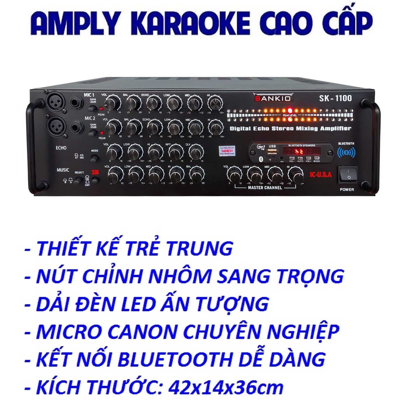 Amply Bluetooth SANKIO SK-1100 - Amplifier Karaoke gia đình 8 sò Nhật lớn, Nút chỉnh nhôm, Quạt gió làm mát - Đèn nháy cực đỉnh - Hàng chính hãng cao cấp