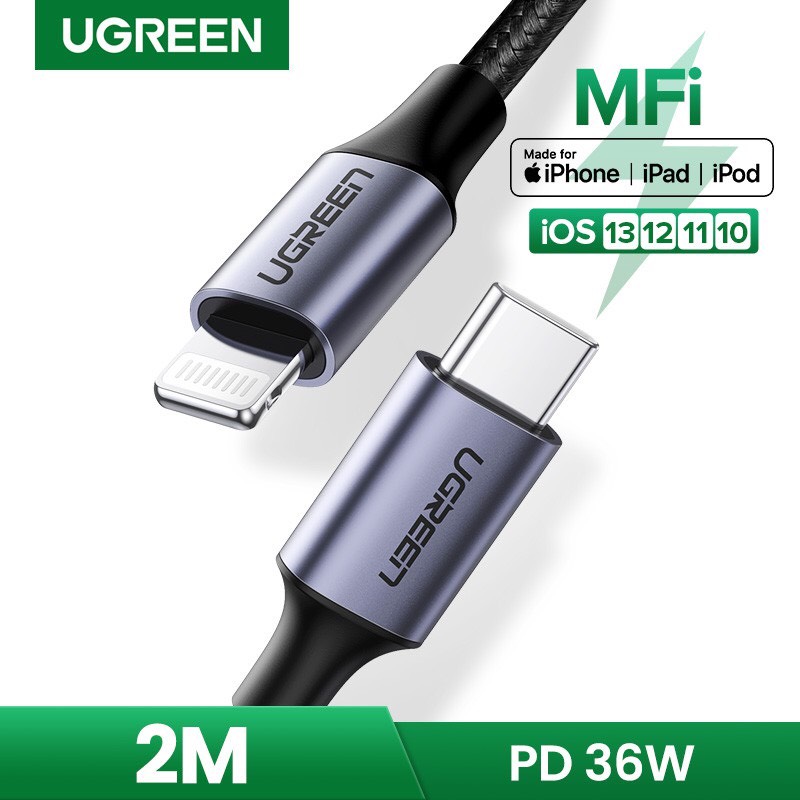 Cáp sạc, dữ liệu USB Type-C sang IP dài 2M chuẩn MFI, sạc nhanh 3A Ugreen 60761(Đen) hàng chính hãng