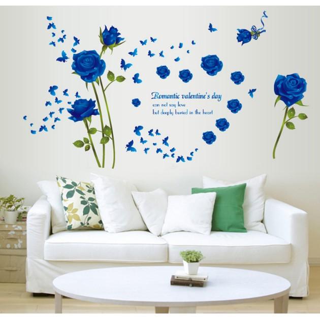 Decal trang trí tường - Hoa Hồng Xanh Biển đậm xinh lung linh