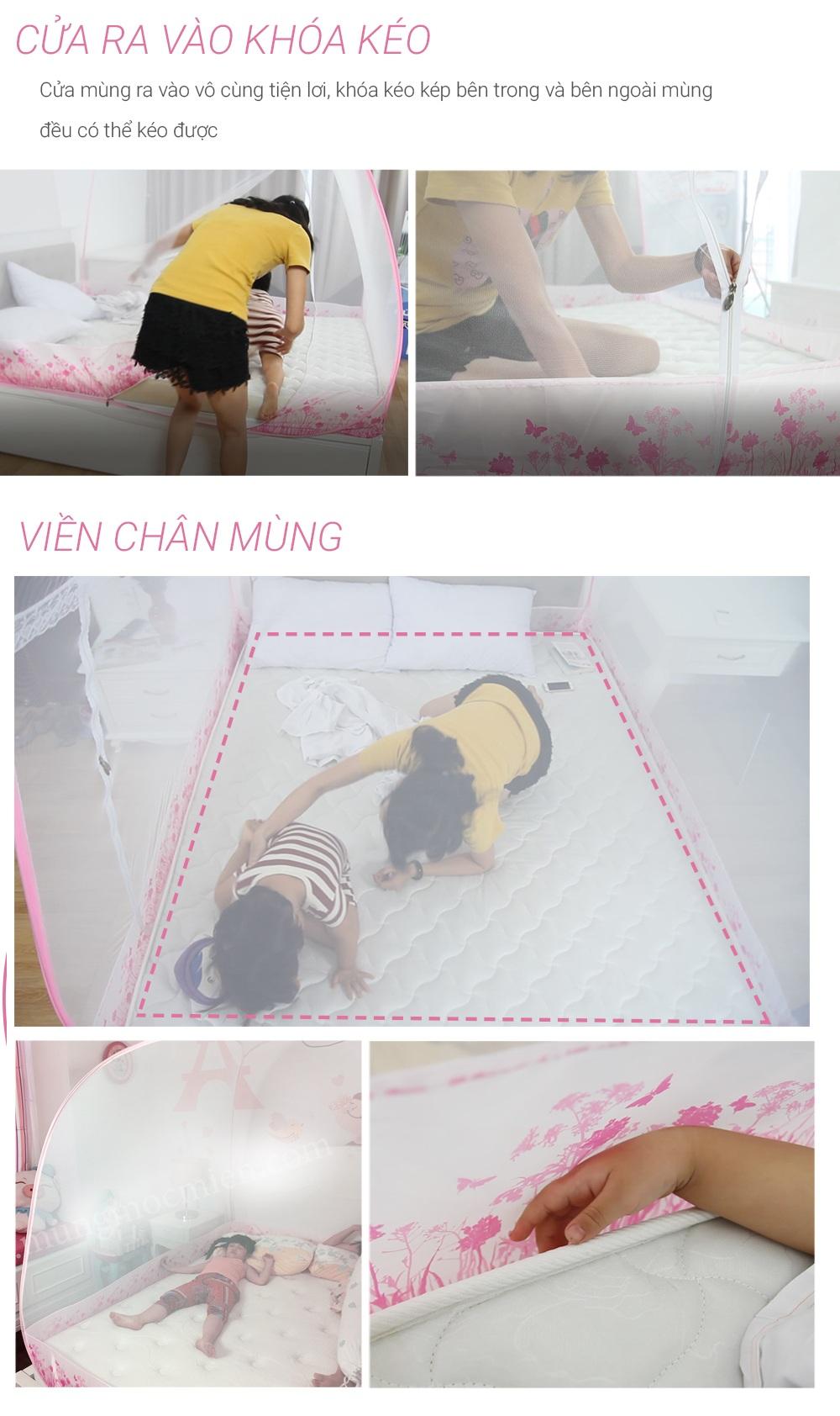 Màn Chụp Tự Bung Đỉnh Rộng Vouller Có Chân Viền Hồng Cao Cấp 1M6 X 2M - Hàng Chính Hãng