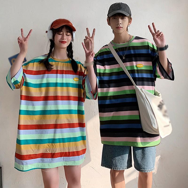 Women's Summer Casual T Shirt Short Sleeve O-Neck Rainbow Striped Loose Tee Lovers Tops