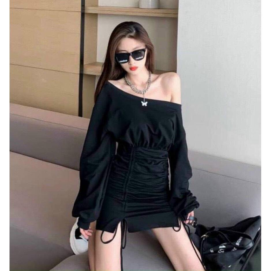 Gunkaymatter Đầm Trễ Vai Rút Dây 2 Bên Hông Đầm Ôm Body Chất Liệu Thun Bozip Mẫu Siêu Dễ Thương