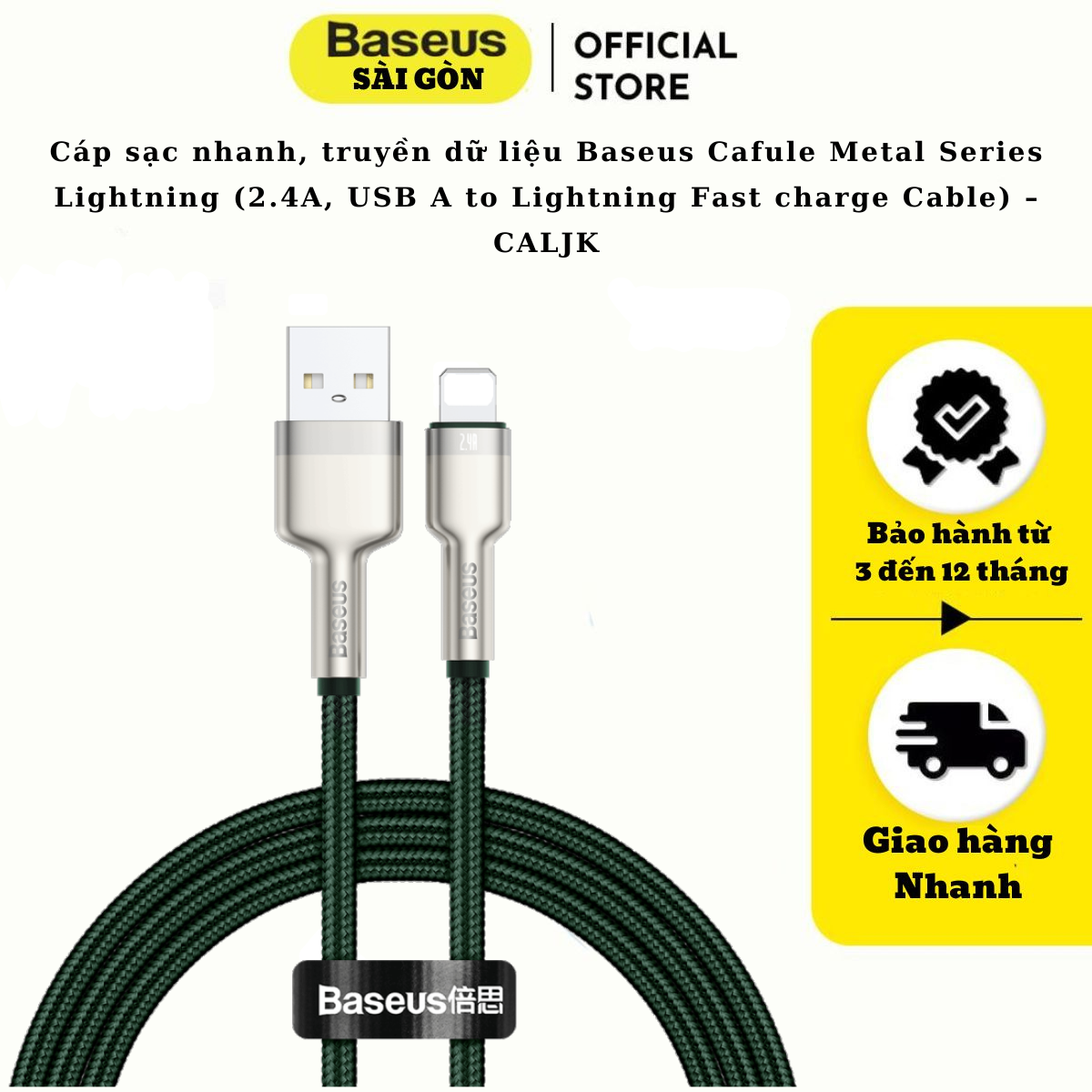 Cáp sạc nhanh, truyền dữ liệu Baseus Cafule Metal Series Light-ning dùng cho i-Phone/ iPad (2.4A, USB A to Light-ning Fast charge Cable) – CALJK- Hàng chính hãng