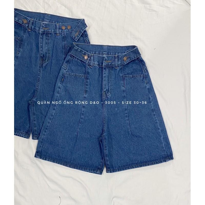 Quần short Cotton Ống Rộng, Quần Short Jean Lưng Cao, Không Giãn, Quần Suông Lửng Xanh Đậm Basic