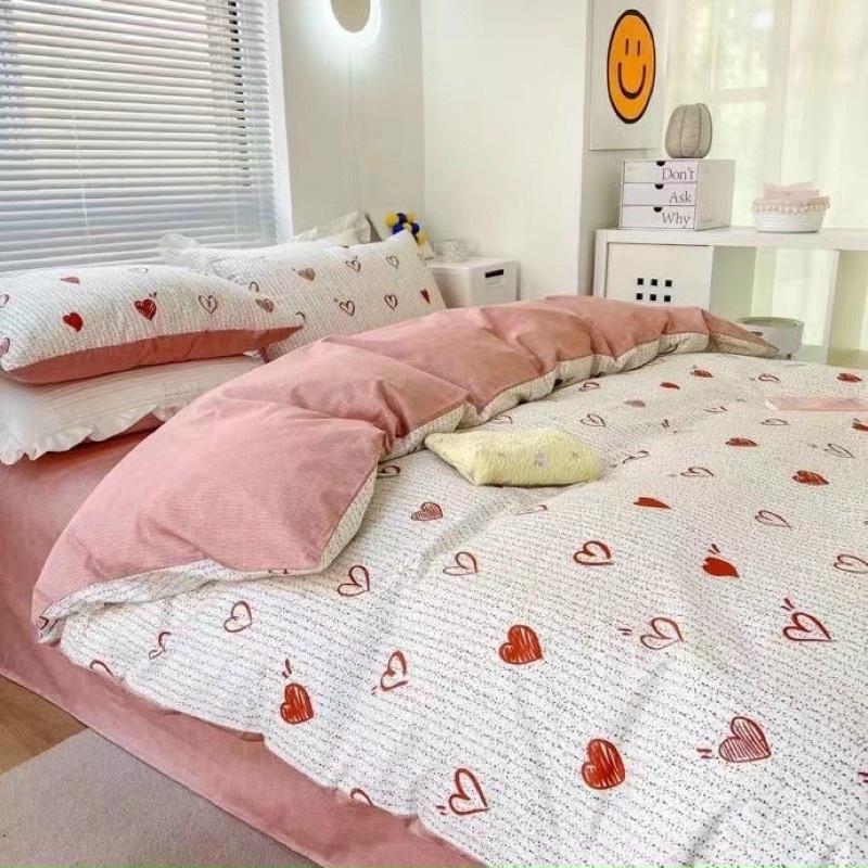 Bộ Chăn Ga Gối Cotton Living 100%cotton Hàng Nhập Khẩu Cao Cấp 4 Món Trái Tim
