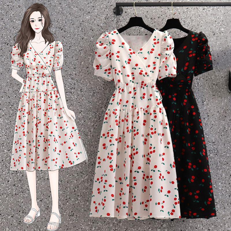 TOBE1SHOP Quần áo mùa hè 2023 Cherry in tay áo ngắn Vintage V cổ thắt lưng thiết kế cảm giác đầm cho phụ nữ