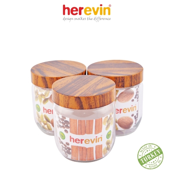 Hũ Thuỷ Tinh Herevin Tròn Trơn Nắp Woody 425ml