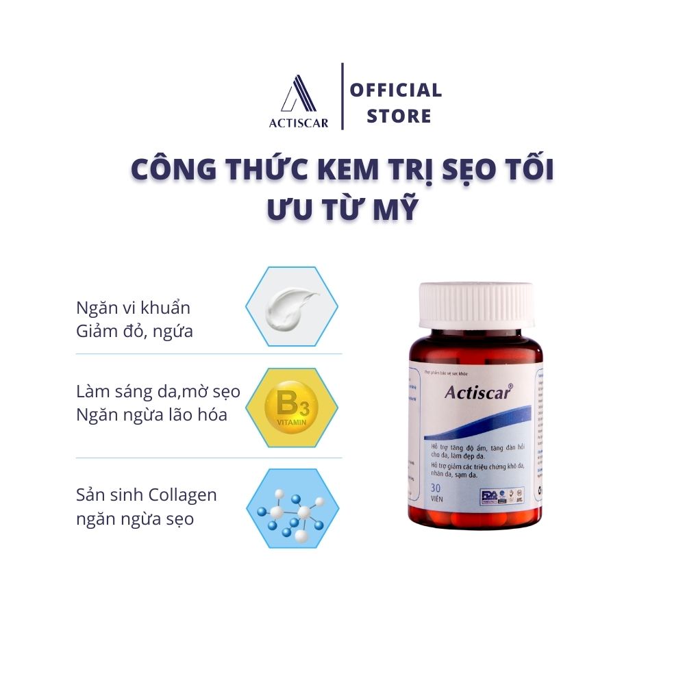 [Combo bộ 3 ]Hỗ Trợ Sẹo Actiscar gồm Kem + Serum + viên uống làm mờ sẹo Lồi, Lõm , Rỗ Thâm