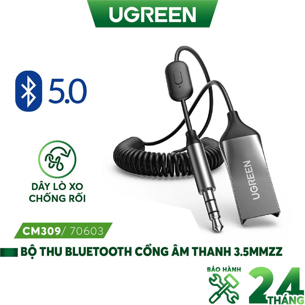 Bộ thu Bluetooth 5.0 UGREEN CM309 70603 - Bluetooth 5.0, dây lò xo tiện lợi, chống rối - Vỏ hợp kim - Hàng nhập khẩu chính hãng