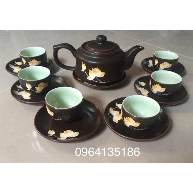 Bộ ấm chén men nâu gụ vẽ sen