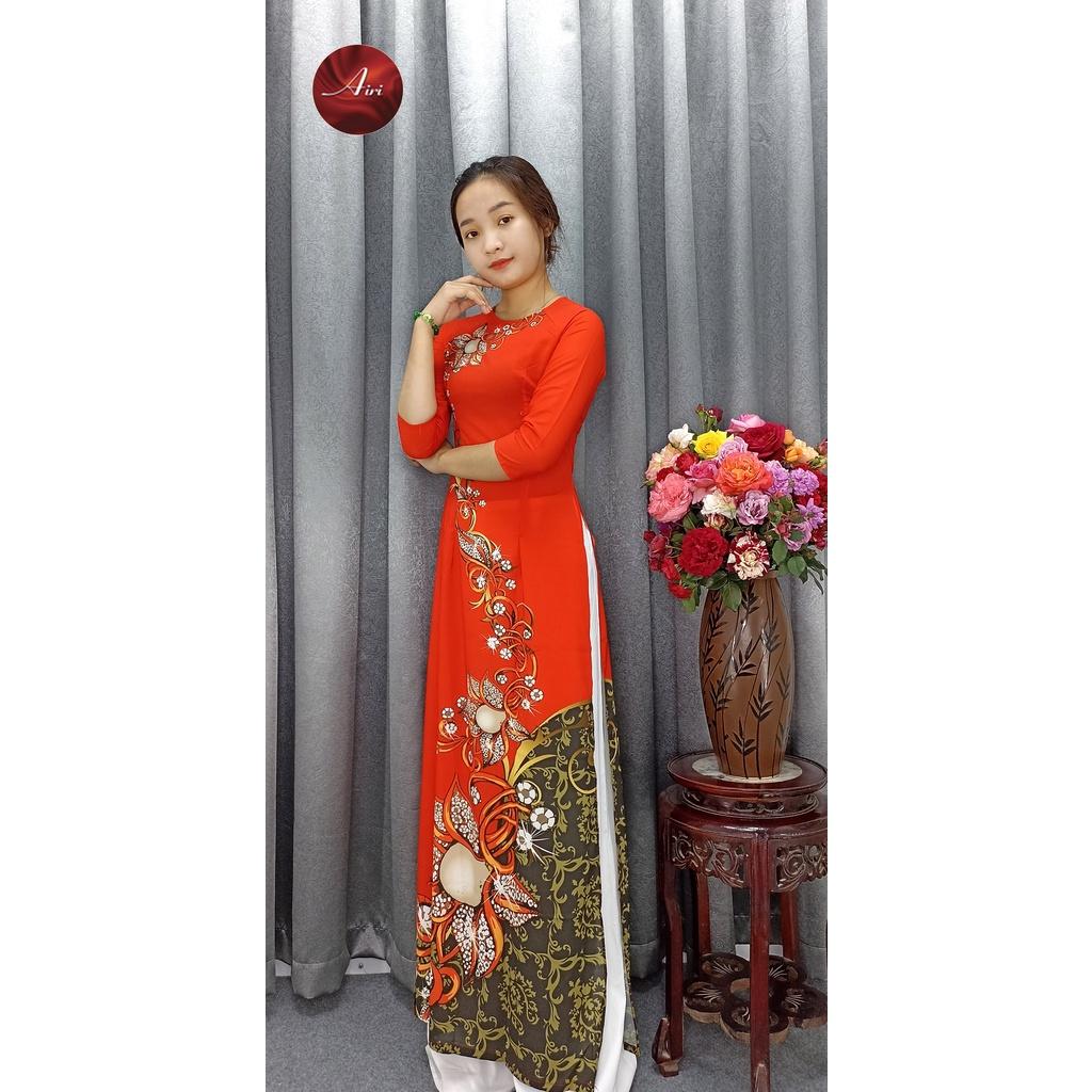 Áo dài nữ lụa nhật màu cam họa tiết hoa to - Áo dài Airi